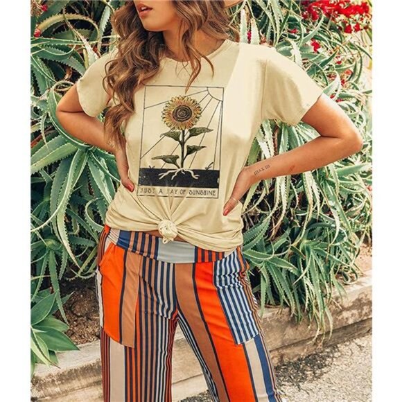 Yellow Boho Floral Graphic Print T-Shirt Cute Sunflower TShirt Tee Tops - Picture 2 of 5